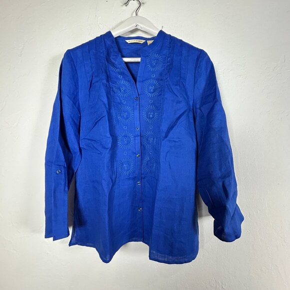Ecol·o·gie Womens Blue Long-Sleeve Embroidered Button-Up Linen Shirt Size Large - Picture 1 of 7